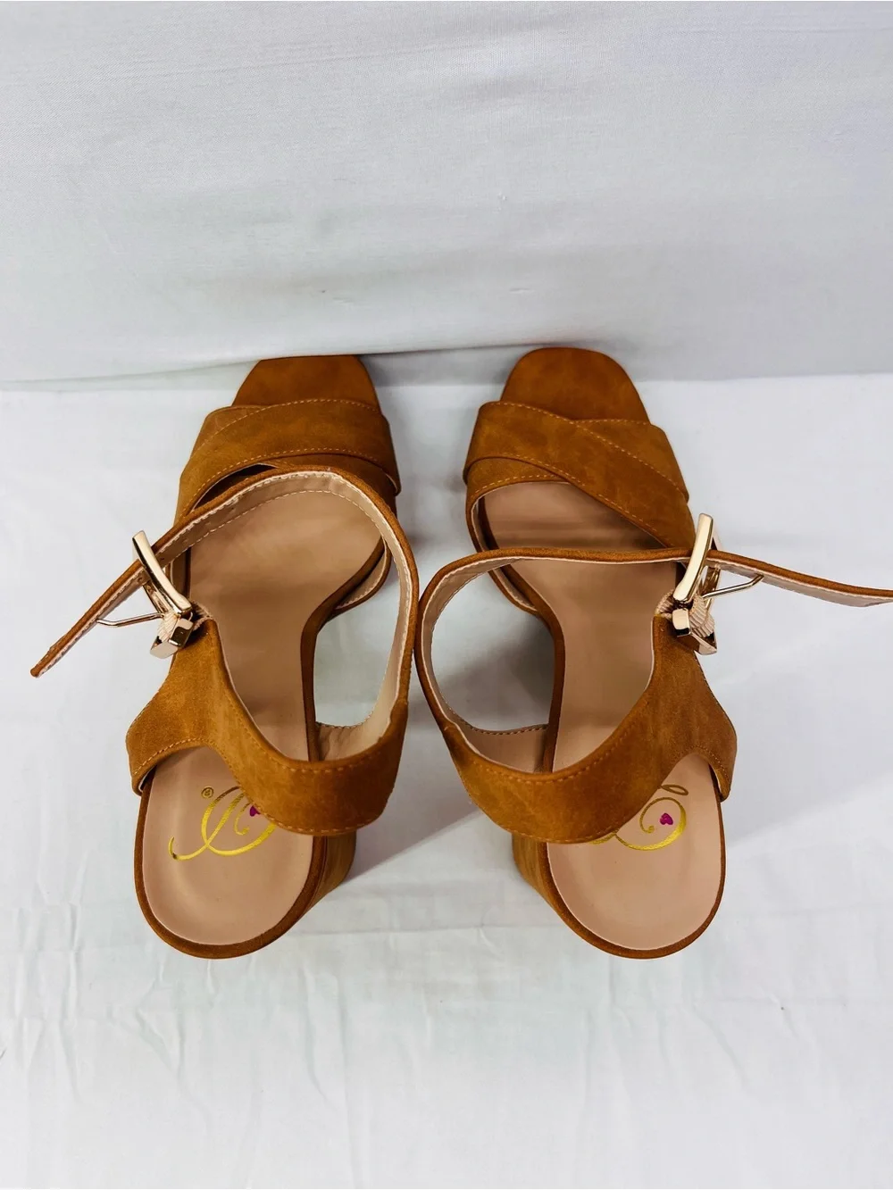 Sun + Stone Cognac Suede Platform Sandals with Ankle Buckle